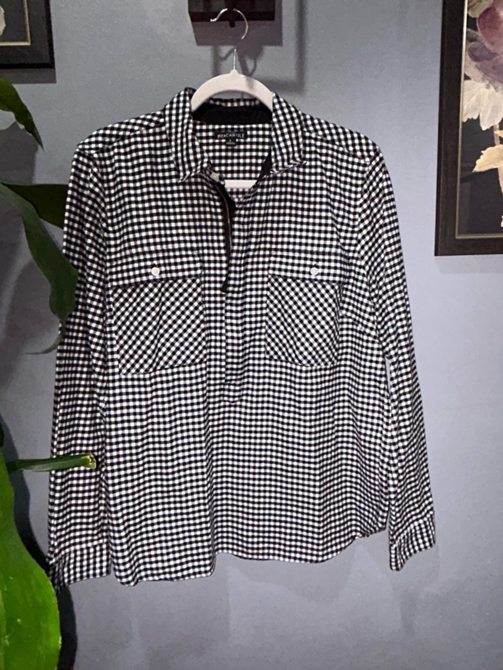 J. Crew Mercantile Black and White Gingham Shirt Flannel Quarter Zip Large